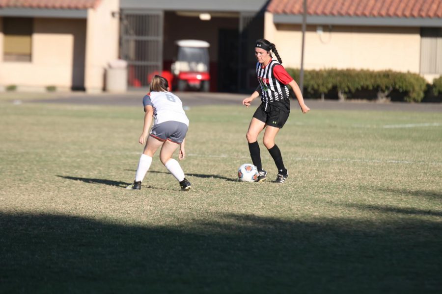 Fresno City College defender Precious Gorostiza gets ready to confront her Reedley College opponent during a home match on Tuesday, Oct. 24, 2017.