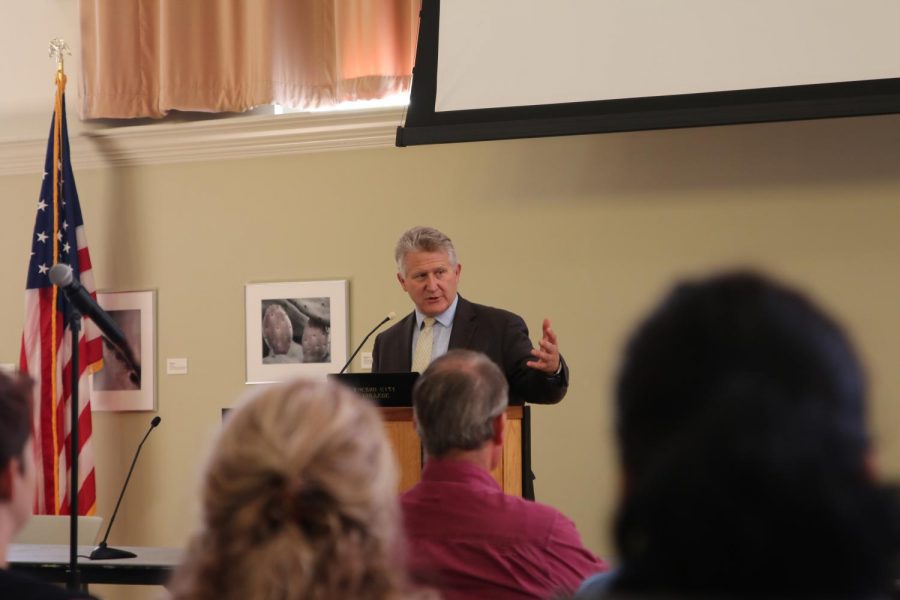 Professor Fred E. Woods of Birmingham Young University tells the story of Kalaupapa in OAB room 251 on Thursday, Oct. 5, 2017.