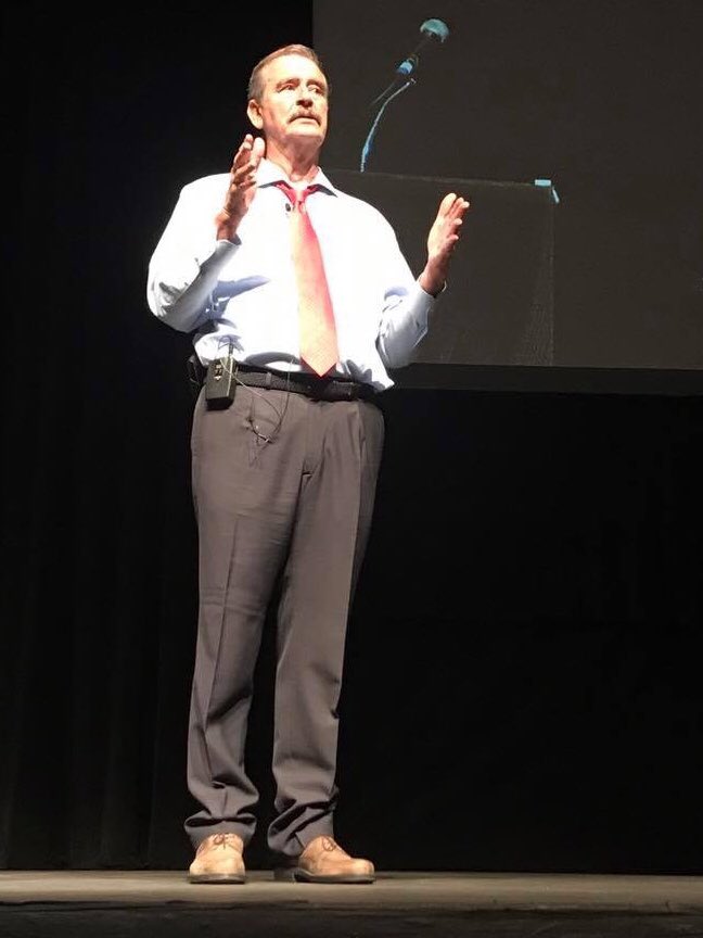 Former president of Mexico Vicente Fox gives a lecture about immigration and U.S.-Mexico relations to a packed house inside the William Saroyan Theatre on Wednesday, Oct. 18, 2017. 