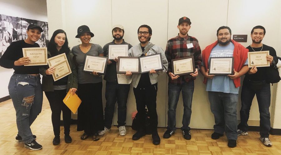 (From left) Broadcast Editor Julease Graham, Editor-in-Chief Ashleigh Panoo, Adviser Dympna Ugwu-Oju, Opinion Editor Frank Lopez, Art Director Ramuel Reyes, Reporter Seth Casey, Sports Editor Jorge Rodriguez, Entertainment Editor Marco Rosas. (not pictured: News Editor Samantha Domingo)

The Rampage staff poses with their awards won at the JACC NorCal conference at DeAnza College on Oct. 21, 2017. 