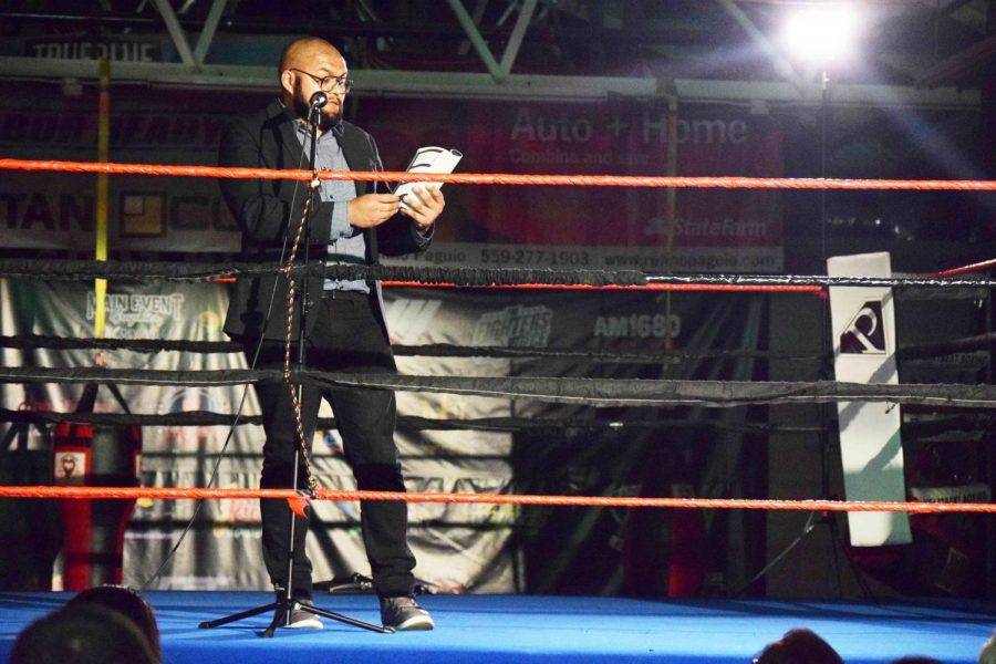 Fresno City College alumnus Joseph Rios reads from his new book Shadowboxing: Poems and Impersonations during his book launch at Heartbeat Boxing on Thursday, Oct. 19, 2017.