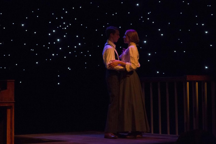 From left, Quincy Maxwell embraces Jessica Knotts during an emotional scene at rehearsals for Silent Sky in the Studio 105 Theatre on Nov. 8. 