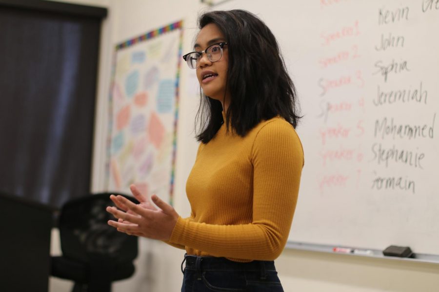 Sophia Bautista expresses her thoughts on the Citizens United organization, during the 14th annual Fresno City College Intramural Speech Competition on Wednesday, Nov. 15, 2017.