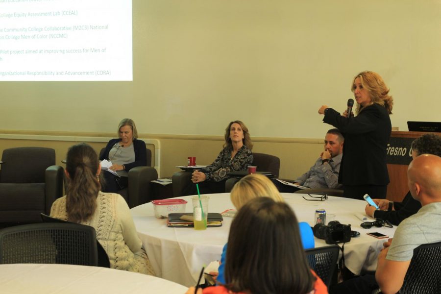 President Goldsmith addresses staff during a faculty meeting at FCC on Oct. 26