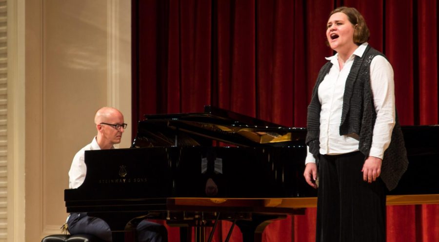 Gena Chambers sings and Arne Kela plays Non so piu cosa son, cosa faccio by Mozart at the student recital on Wednesday, Nov. 1, 2017, in the OAB auditorium.