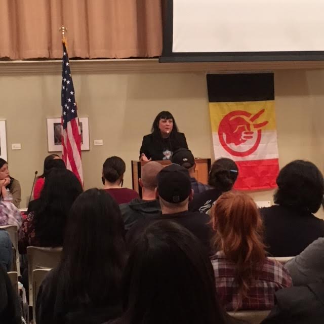 Guest speaker Marisol Baca recites a poem for the missing indigenous women who are presumed to be dead during the" Missing and Murdered Indigenous Women" panel on Nov. 16, 2017.