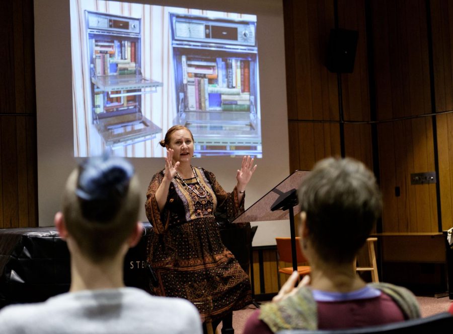 CSU Fullerton professor Rebecca Campbell talks about her artistic process in the FCC Recital Hall on Friday, Nov. 3, 2017. 