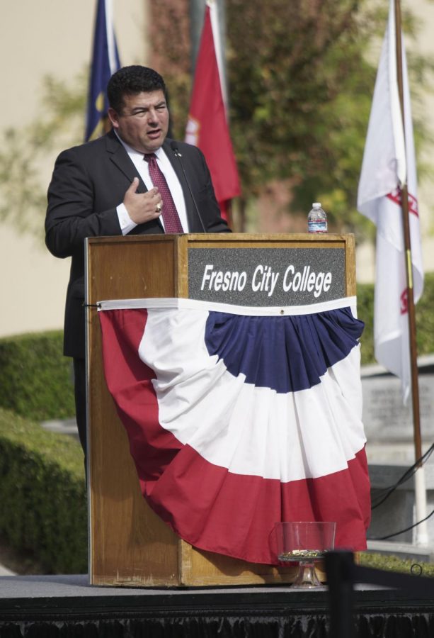 Keynote speaker Lt. Col. Lorenzo Rios speaks about his time as a veteran for the FCC Veterans Day ceremony on Friday, Nov. 3, 2017