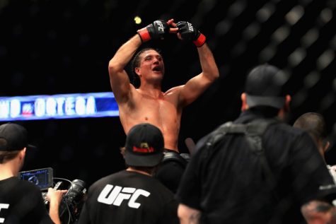 Brian T-City Ortega celebrates after submitting Cub Swanson in the second round at the Savemart Center in Fresno on Saturday Dec. 9.