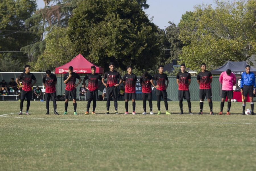  Fresno City College mens soccer team takes the field during a home game match.