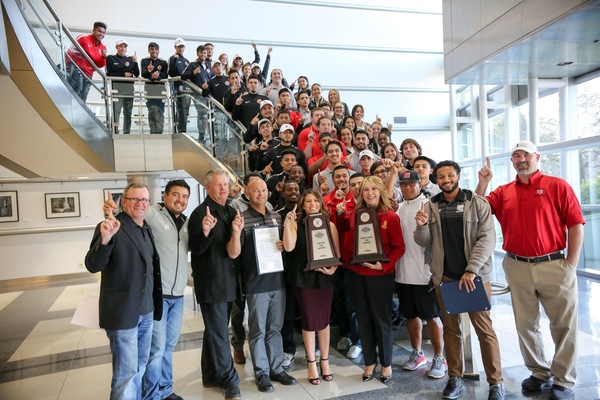 The Fresno City College wrestling, mens soccer, and womens soccer teams along with President Carole Goldsmith gather at Fresnos City Hall to get recognized by councilwoman Esmeralda Soria on Thursday, Dec. 14, 2017.