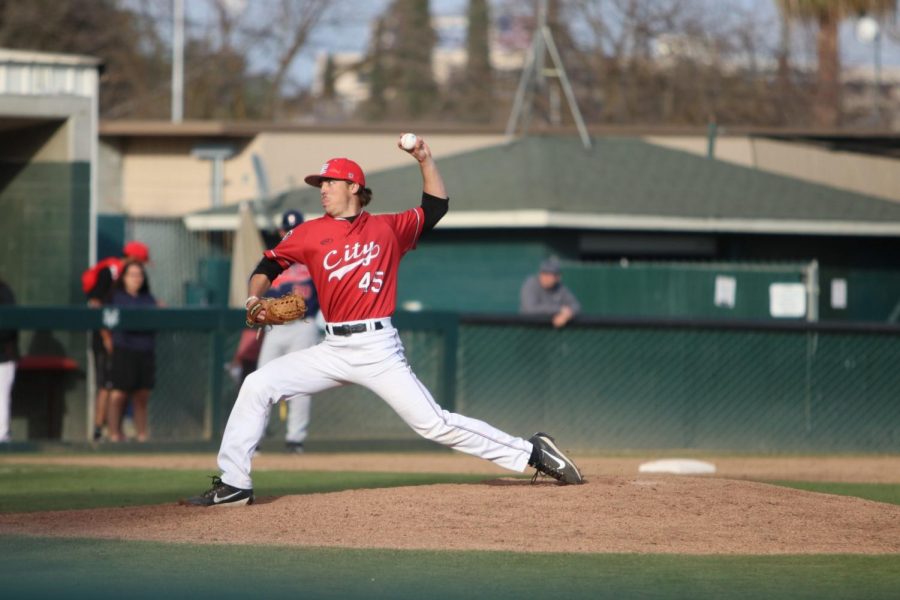 Pitcher Zac Whittaker strike out a Santa Rosa batter in the top of the 7th inning on Saturday, Feb. 24, 2018 by Larry Valenzuela.