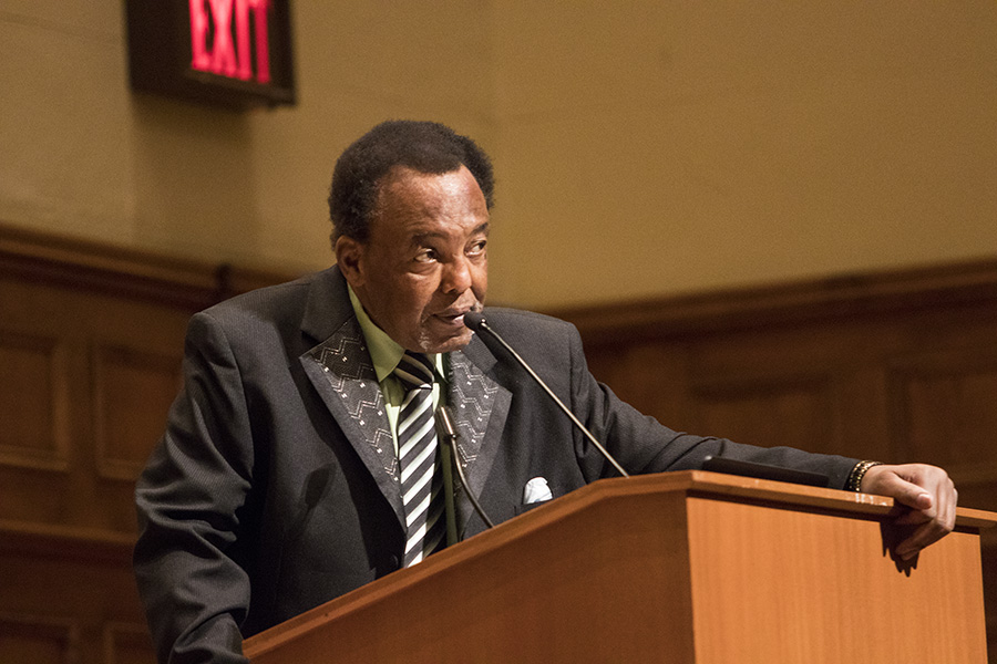 James E. Watson speaks about his experience at President Barrack Obama's inaguration at the Black History Month opening cermony in the Old Administration Building auidtorium at Fresno City College on Jan. 1, 2018.