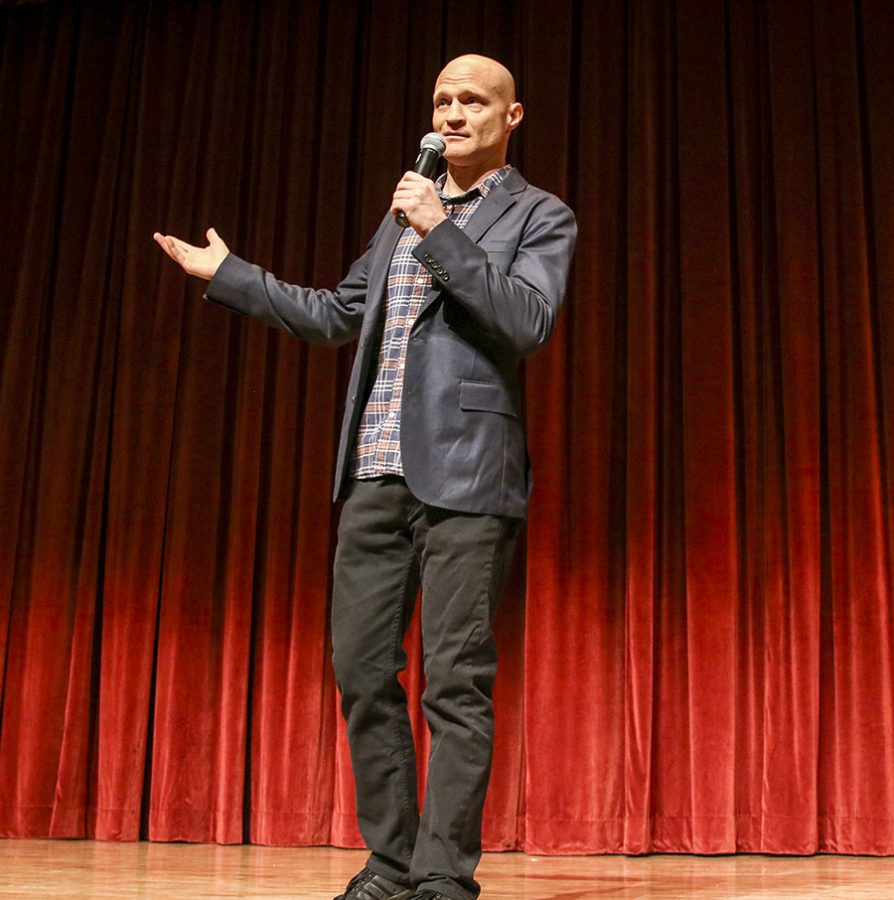 Scott Dikkers founding editor of The Onion speaks at the Old Administration Building Feb. 6,2018.