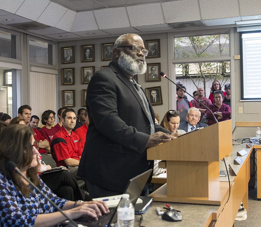 Mark Betterson former Fresno Community College student, now pastor and community organizer adresses Board of Trustees during an open forum to speak on behalf of the Math Science and Engineering divison on Feb. 6,2018.