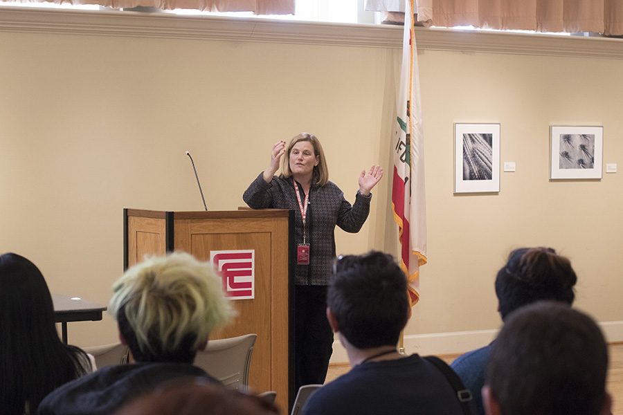 Chair of Chairs for accredation team, Dr. Erika Endrijonas speaks to students and faculty as the a forum on Tuesday, March 6, 2018. Photo by Larry Valenzuela