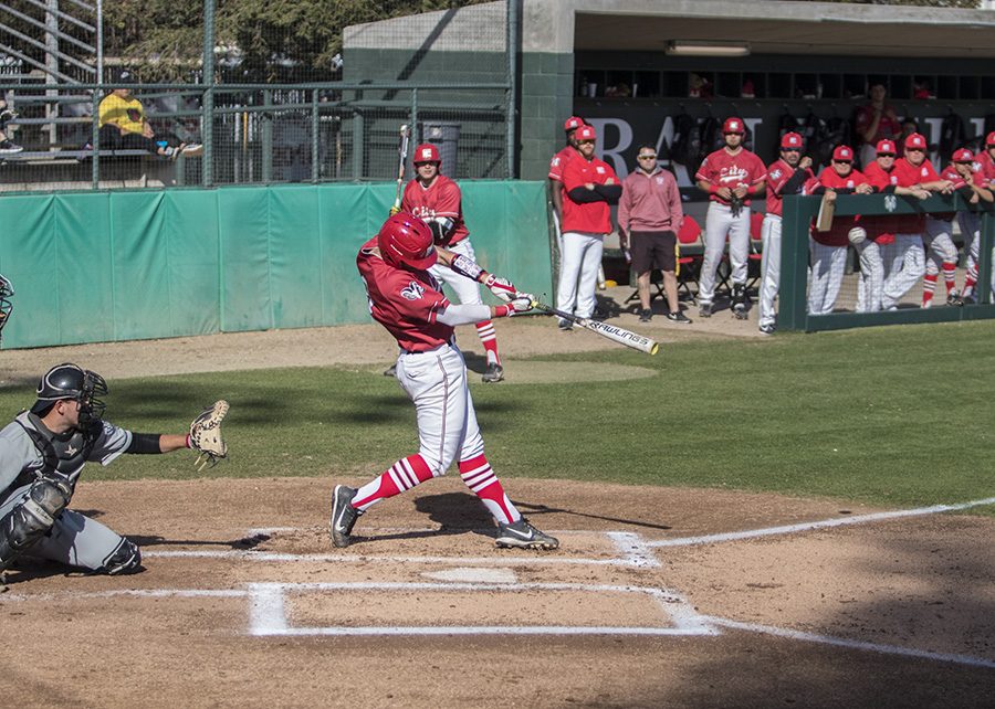 Freshman infielder, Ian Ross launches the ball into the out field aganist a pitcher from Porterville College on Tuesday, March. 6, 2018. Photo by Larry Valenzuela