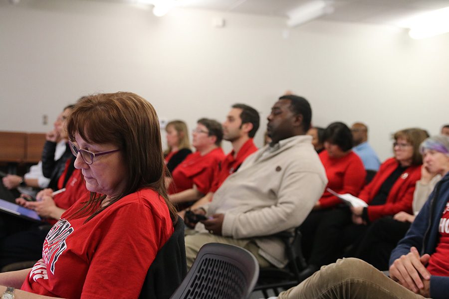 Shirley McManus Math Science and Engineering Dean of Instruction along with faculty, and community members gather in support of increased allocations towards a new MSE building at the Board of Trustees meeting Feb.21.