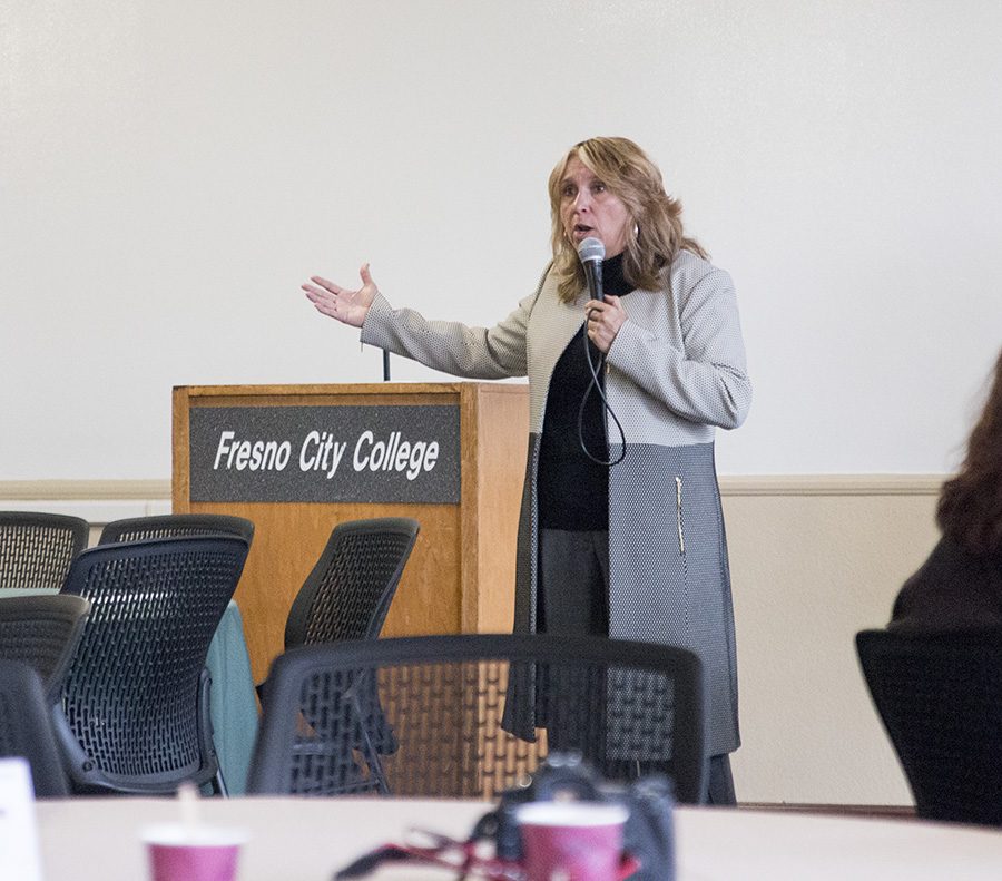 Fresno City College President Carole Goldsmith addresses students and faculty at an open  forum on Thursday, Feb. 22, 2018.