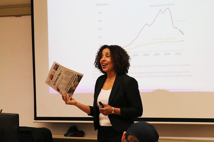 Fresno+City+College+professor+Kathleen+Schock+teaches+her+students+about+the+history+of+newspapers+on+Tuesday%2C+March+6%2C+2018.%0A