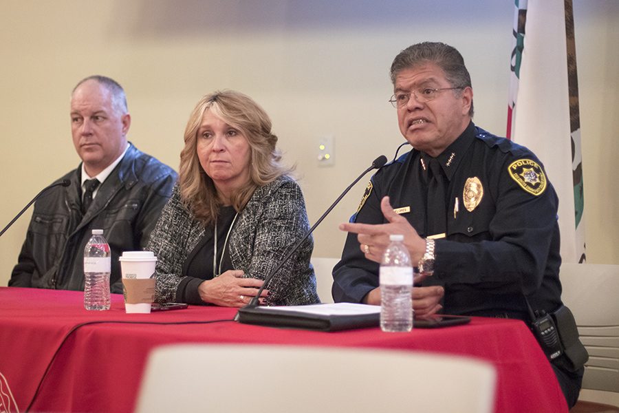 Chief of Police Jose Flores speaks at the Safety Event accompanied by
Carole Goldsmith, Fresno City College president, Sean Henderson, dean of students at room 251 in the Old Administration Building at FCC on Tuesday, March 20, 2018.
