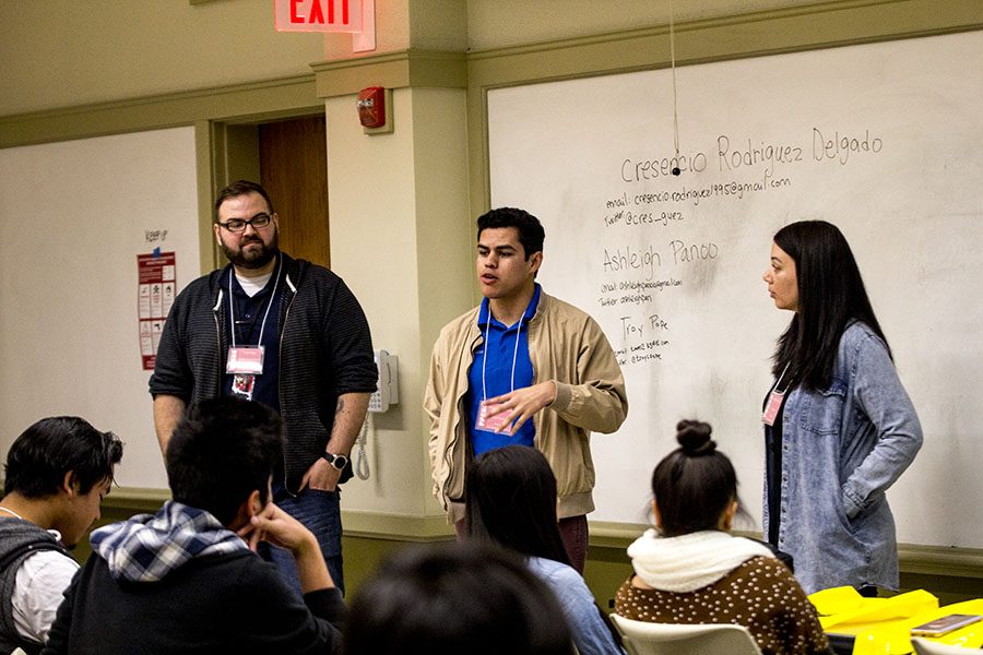 From left, former Rampage editors-in-chief Troy Pope and Cresencio Rodriguez Delgado, and current editor-in-chief Ashleigh Panoo present "Becoming a College Journalist" to high school students during Journalism Day at Fresno City College on Friday, March 9, 2018. 