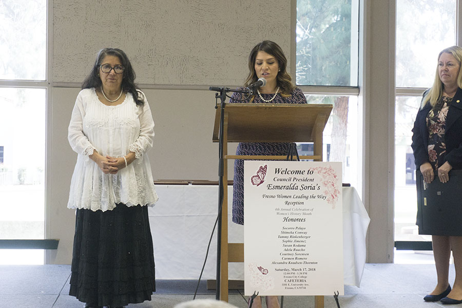 Fresno City Council President Esmeralda Soria presents women of the year Socorro Pelayo at the fourth annual Women Leading the Way Reception in the Fresno City College cafeteria on Saturday, March 17, 2018.