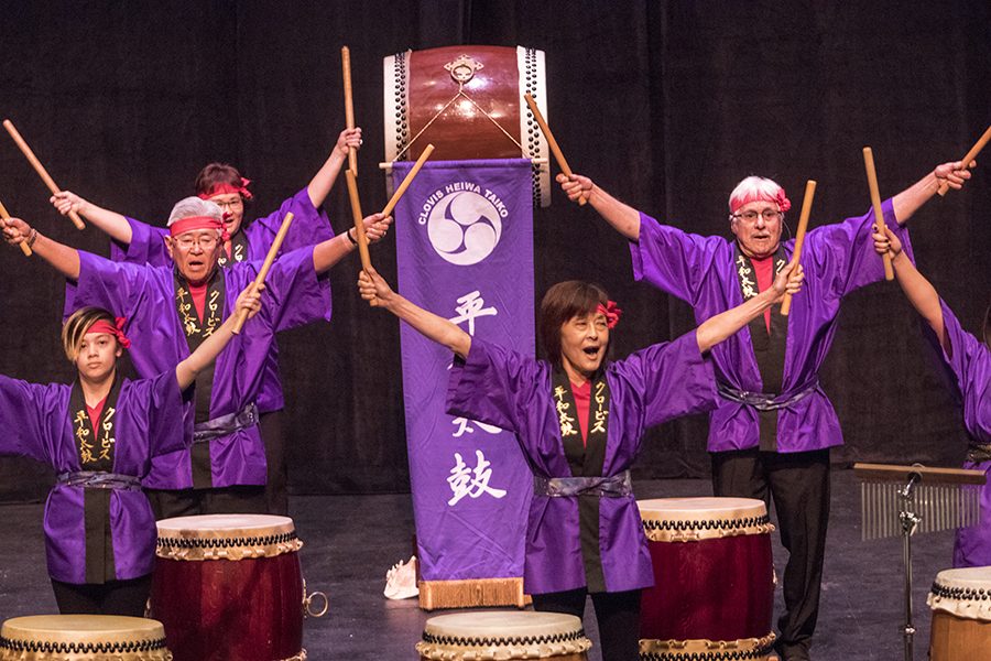 Asian American history month kicks off with the its Celebration Night Show with performances from the Clovis Heiwa Taiko drum performance, John Cho Kung Fu School performs with various Chinese weapons and  Halau Hula performs a Hawaiian dance sharing values, stories and history of Hawaiian people and the legend behing Pele, Hawaiis goddess of fire, at the Fresno City College Theatre on Friday April 6, 2018. 