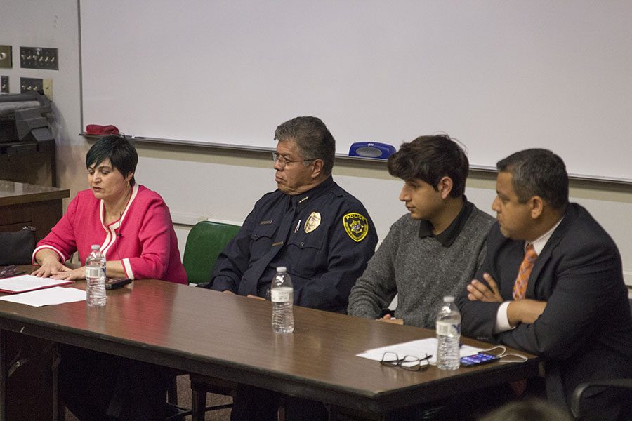 From left, psychology instructor Mary Ann Valentino, district police Chief Jose Flores, student Armani Martinez and SCCCD trustee Miguel Arias speak at the Keeping Our Schools Safe panel at FCC Forum Hall 103 on Wednesday, April 11. 