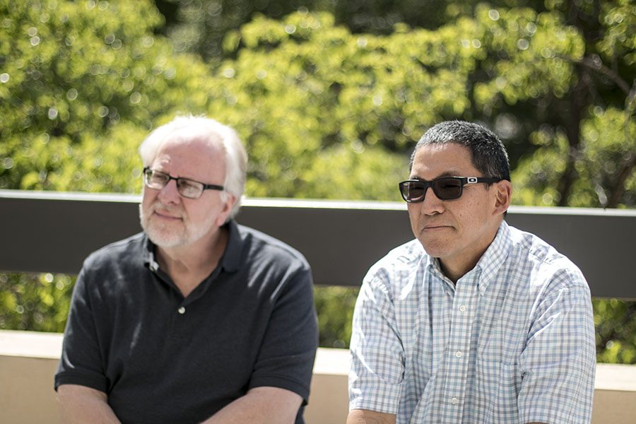 From left, Mike Dana and Larry Honda reflect on their careers as music instructors at Fresno City College. 