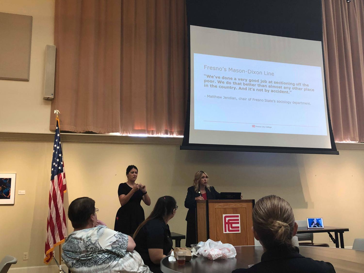 Fresno City College President Carole Goldsmith addresses community member at the Presidential Forum