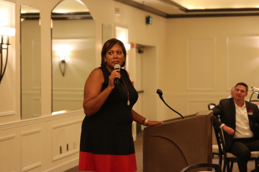 Newest athletic director Pammella Zierfuss-Hubbard addressing the crowd Sunday Aug. 19 2018