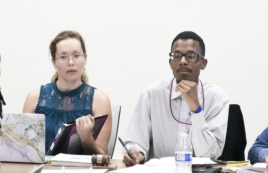 Vice President Angela Van Gilder (left) and President Christopher Washington (right) lead the weekly Associated Student Government meeting on Tuesday, Sept. 11, 2018. 