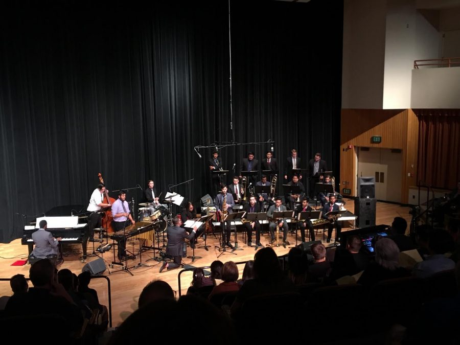 Richard Giddens orchestrates the FSU Jazz Orchestra band at the Fresno State Concert Hall on Oct. 1, 2018.