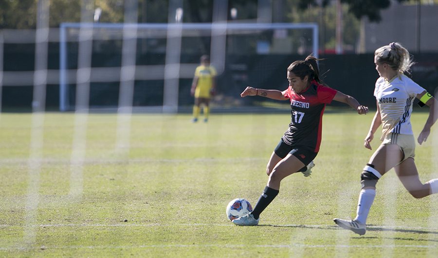 Jasmin Aguirre winds up for a kick towards a goal against Lemoore college at the Fresno City College soccer field on Tuesday, Oct. 16, 2018. photo by Larry Valenzuela