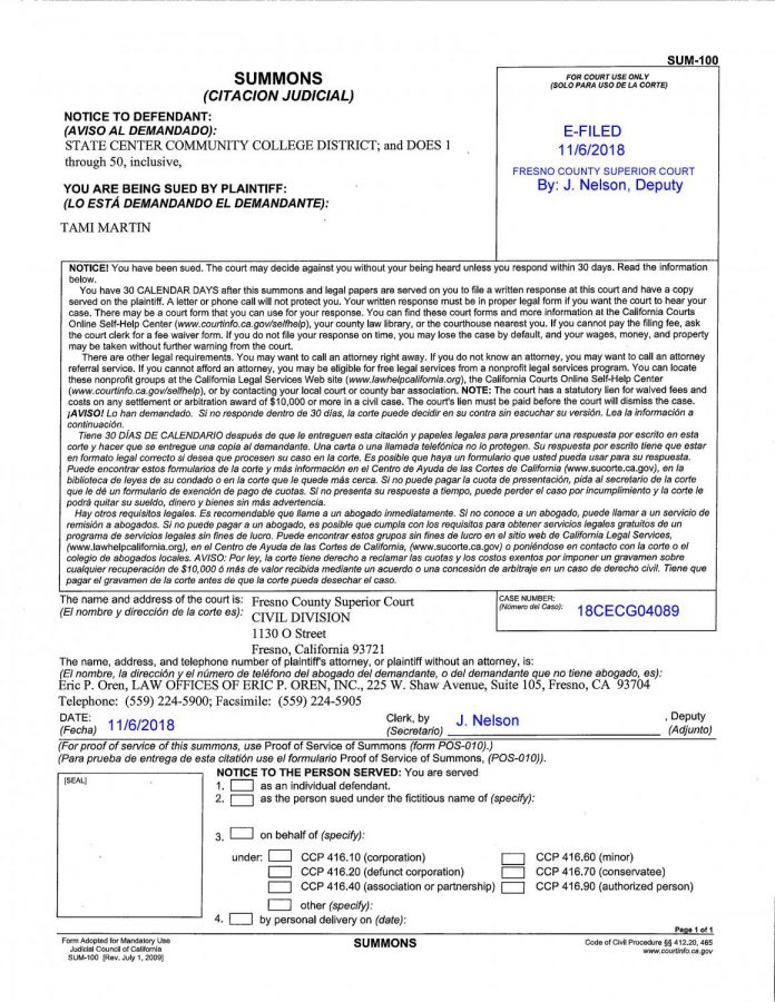 The court summons document informing the district they are being sued. Courtesy of Fresno Superior Court. 