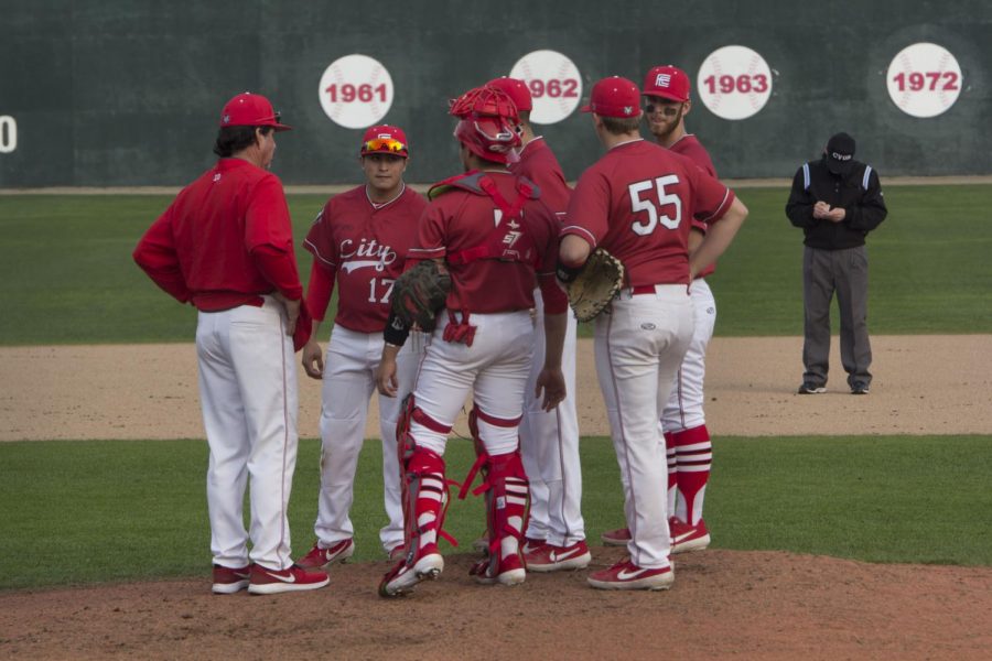 Rams baseball coach Ron Scott calls a meeting on the mound during their game against the Mission College Saints on Jan. 29 2019. Photo by Omari Bell