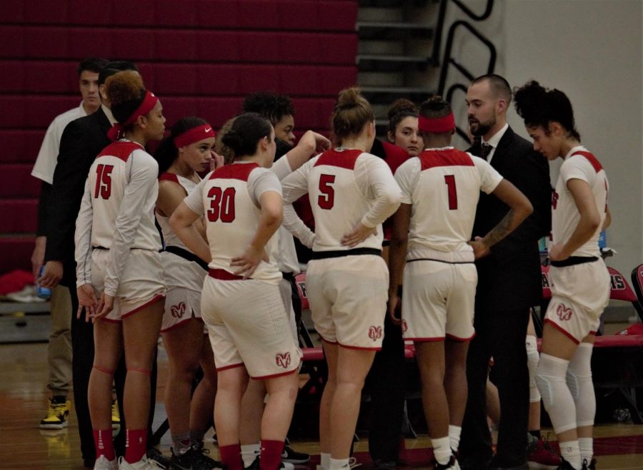 Rams womens basketball head coach Alex Fletcher meets with his team during their 81-65 loss to Merced College on Jan. 30, 2019. Photo by Ben Hensley