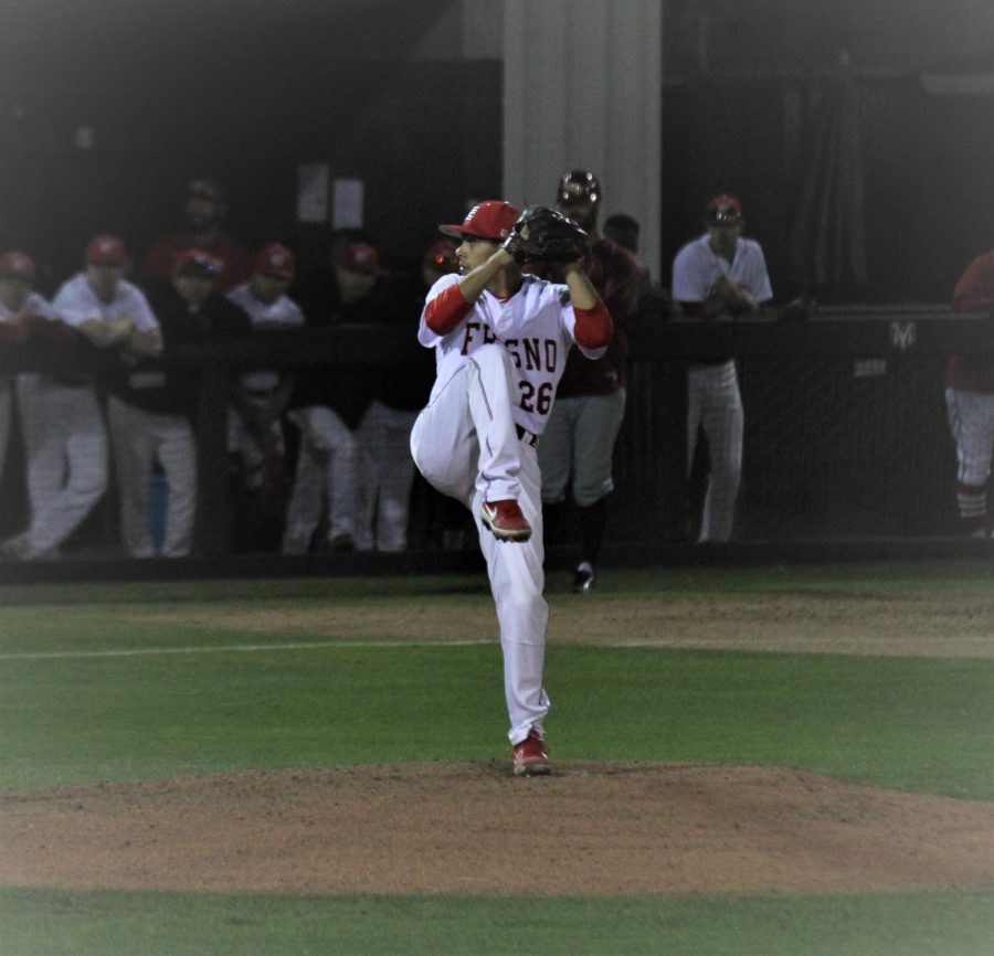 Freshman starting pitcher Eddie Rios kicks into his windup in the Rams 2-1 win over the Los Medanos Mustangs on Thursday, Jan. 31. Photo by Ben Hensley