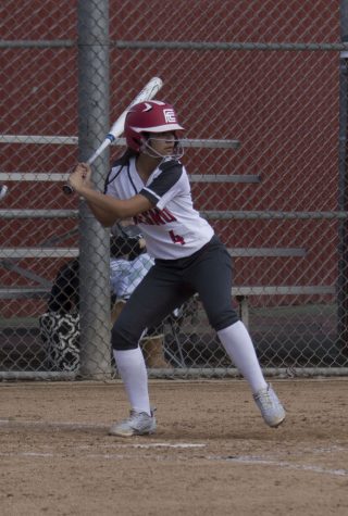 Sophomore infielder Ayleen Gonzalez at the plate in the Rams game against Ohlone on Feb. 9, 2019. Photo by Ben  Hensley