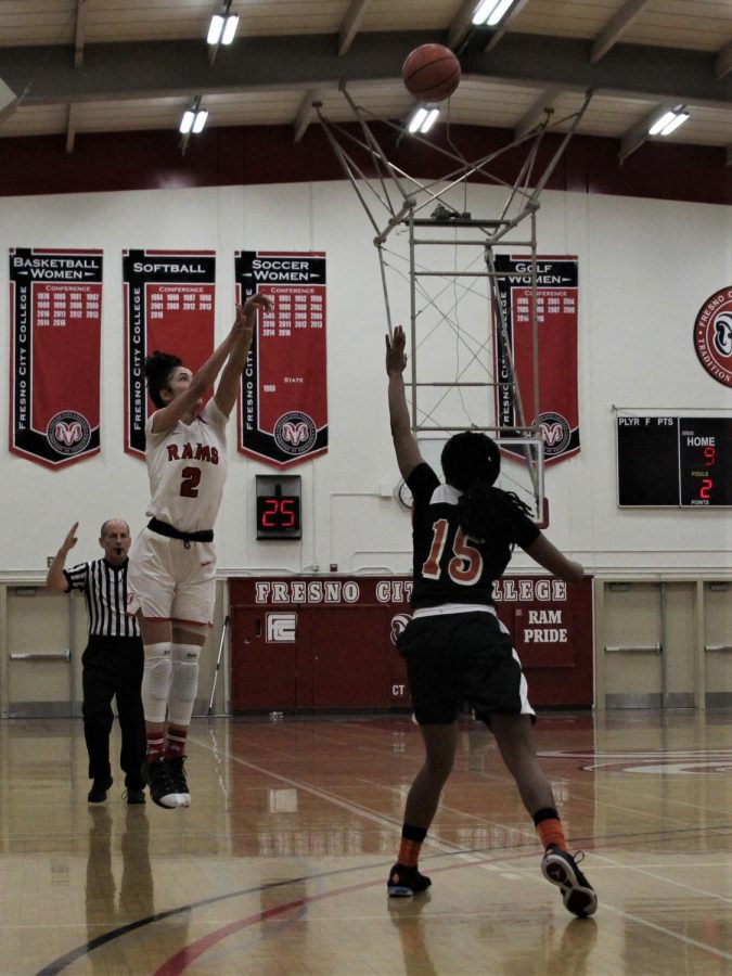 Penelope Kastsaridis puts up a three during the Rams game against the Reedley Tigers on Feb. 20, 2019.