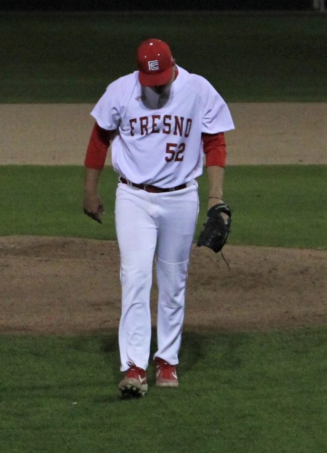 Darren Jansen heads off the mound in the top of the first inning after stopping the Santa Rosa offense in the Rams 4-2 loss on Friday, Feb. 22, 2019.