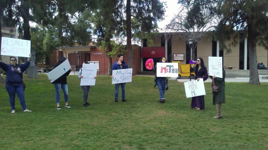 Members of the FCC body rally to recognize International Women’s Day 2019 with a march from the PASS Center to the Free Speech area Thursday, March 7, 2019.