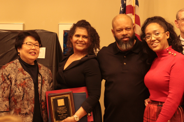 President of the SCCCD Board of Trustees, Deborah J. Ikeda with the family of inductee (posthumously)  Sam U. Lane Jr. at the 22nd Anniversary of the Wall of Honor event, Thursday Feb. 28, 2019 in OAB 251.
