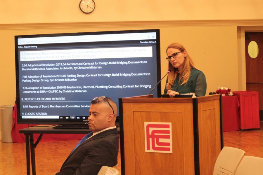 Christine Miktarian, vice chancellor of operations and information systems for the State Center Community College District explains basic specifications for the proposed parking structure project at Fresno City College, during a board of trustees meeting on Tuesday, April 2, in OAB 251. 