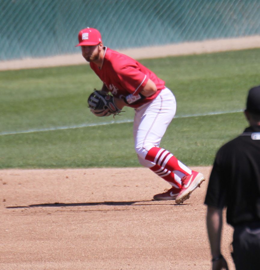 Ian Ross loads up for a throw to first during the Rams game against West Hills Coalinga on April 2, 2019.