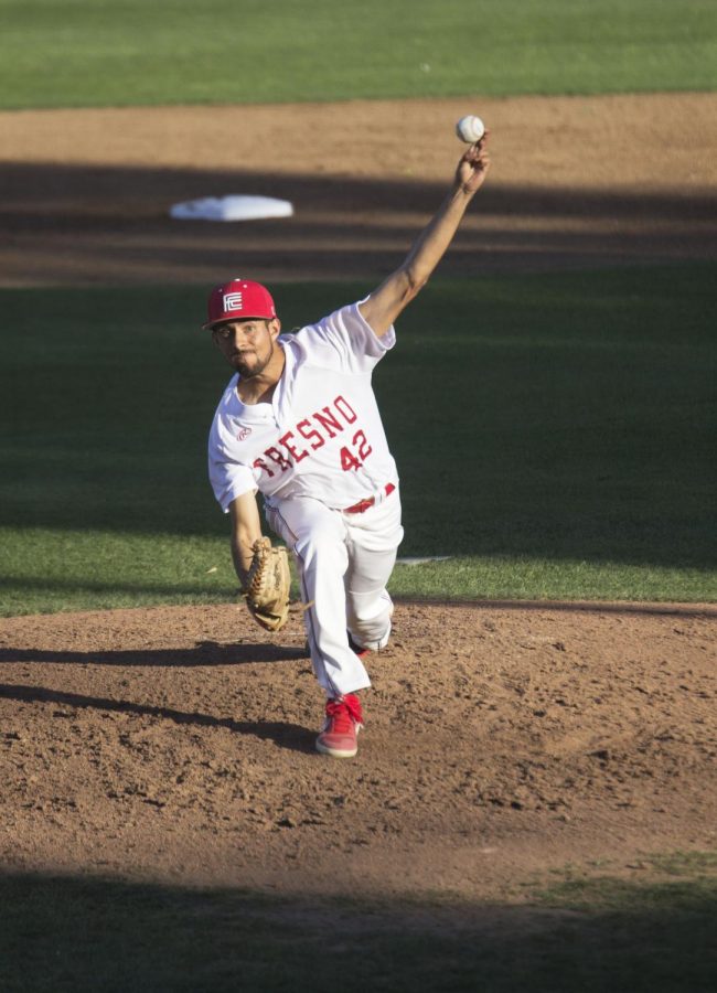 Sophomore pitcher Giovanni Saavedra fires a pitch toward the plate during the Rams 11-4 win over Merced College on April 9, 2019.