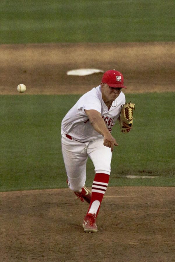 Daren Jansen throws four strong innings of relief during the Rams 7-3 loss against the Cerro Coso Coyotes on April 23, 2019.