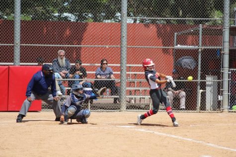 Fresno City College center fielder Savanna Pena belts a double during the Rams game against Cerro Coso on April 16, 2019 at the FCC Softball Diamond.