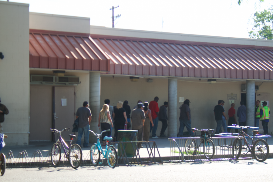 A line outside the Poverello House on April 26, 2019. 